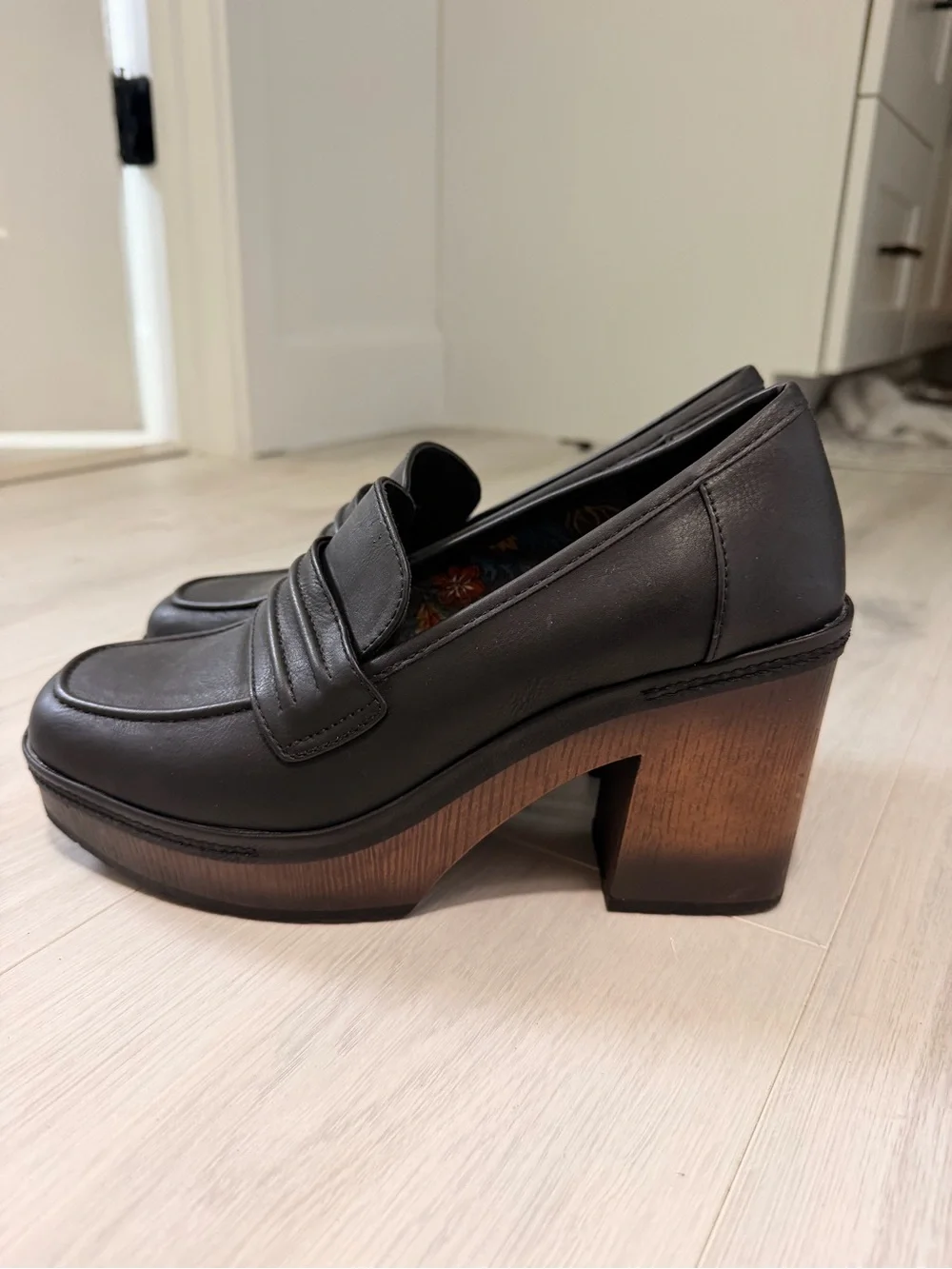 Black Platform Leather Loafer Heels - Women's